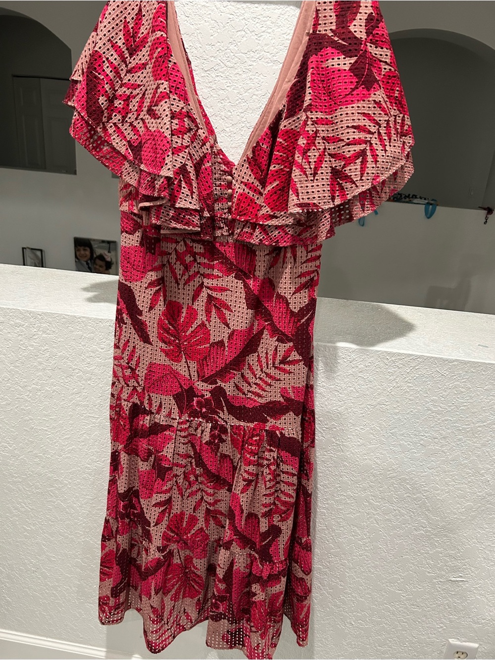 V-Neck Pink Tropical Ruffle Midi Dress